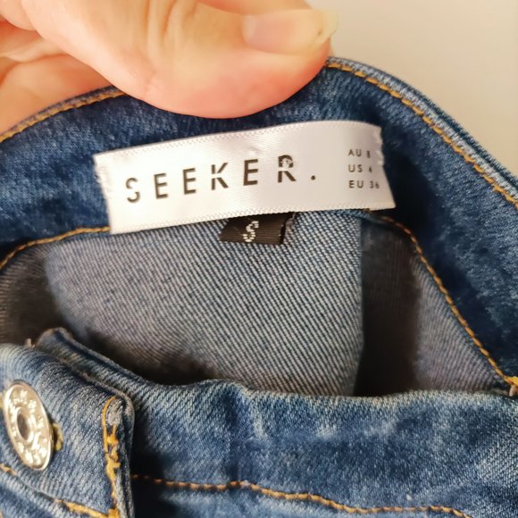 Seeker Denim Bodycon Dress Sz 8 S Button Jeans Pinafore Pencil Stretch Summer - Picture 3 of 4